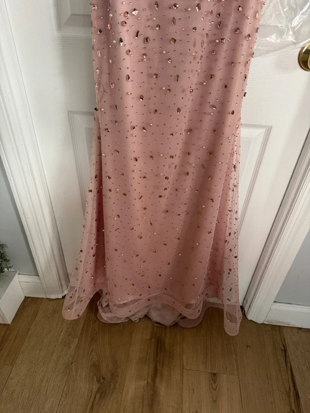 Blush Pink Strapless Beaded Evening Gown - Picture 3 of 6